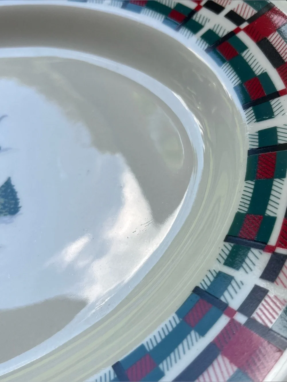 Rare Vintage Lynn’s Christmas Village Plaid Oval Serving Platter Horse Sleigh
